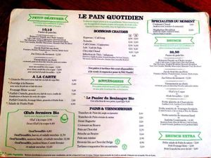 food and drinks menu at Le Pain Quotidien in Aix-en-provence