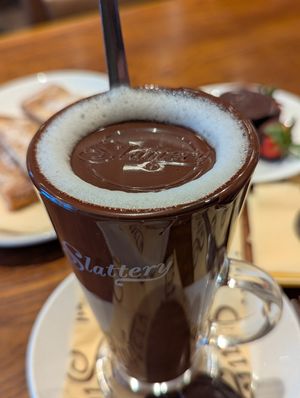 Dark chocolate and oat milk hot chocolate at Slattery in Manchester