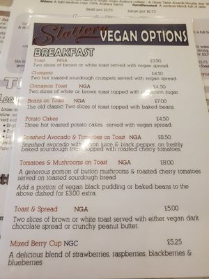 Page 1 of vegan menu at Slattery in Manchester
