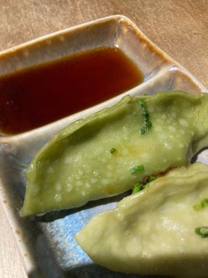 Gyoza with vegetables: carrots, cabbage, sun-dried tomatoes, chickpeas, ginger served with ponzu sauce  at Yume Ramen in Rimini