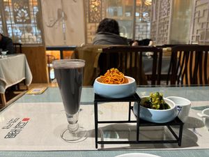 Seasonal vegetables and a sesame drink  at Wenxian Vegetarian Tea Restaurant in Taiyuan