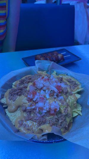 vegan nachos, with tuna and vegan cheese! at Akihabar in Barcelona