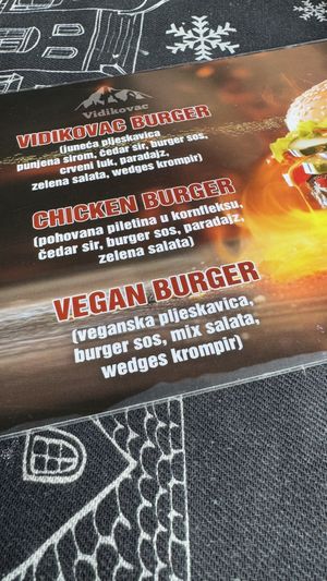 Vegan burger clearly stated on the menu   at Konoba Vidikovac in Niksic