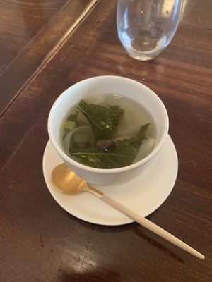 Starter was a nice warm cup of vegetable soup at Salloga in Sapporo