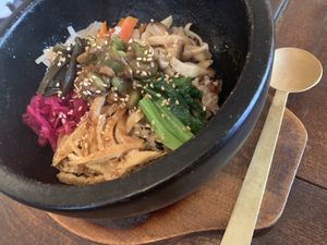 Bibimbap, came out sizzling and delicious  at Salloga in Sapporo