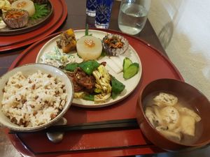 Miso soup, rice and variety of veggies. at Salloga in Sapporo