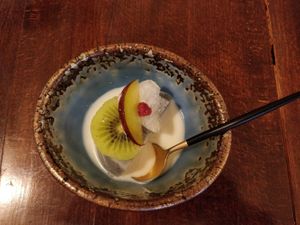 Black sesame pudding dessert at Salloga in Sapporo