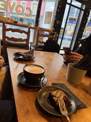 Oat latte and vegan salted caramel brownie   at Cove Corner in Fishguard