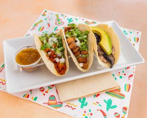 MATCH 3 TACOS
Soy chorizo (GF)
Soy Chicharron (GF)
Mushroom Bean Avocado (GF)
Campechano.
Served with fresh salsa and lime on the side.
Served on a handmade tortillas. at El Nopalito Vegan Taqueria - Food Stall in Fort Lauderdale
