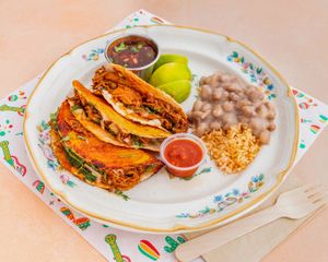 QUESABIRRIA
Juicy, marinated king oyster mushrooms with melted mozzarella, cilantro, and onion in a handmade tortilla. Served with salsa and rich birria broth for dipping.  at El Nopalito Vegan Taqueria - Food Stall in Fort Lauderdale
