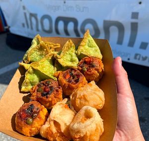 lobsterless cheese wontons, steamed mushroom vegan pork dumpling   at Inomoni Vegan Dim Sum - Pop Up in Los Angeles