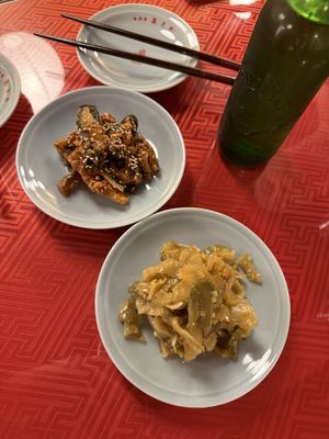 Kimchi eggplant and another veg dish  at Vegan Izakaya Masaka (ヴィーガン 居酒屋 真さか)- Kyoto in Kyoto