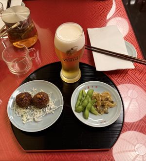 Karaage with Sichuan sauce, edamame and pickled mustard greens with chilli oil  at Vegan Izakaya Masaka (ヴィーガン 居酒屋 真さか)- Kyoto in Kyoto