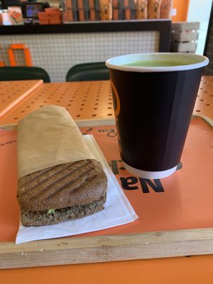 Vegan sandwich on whole grain bread and a green tonic juice 😍  at SKA - სკა ჯუს ბარი in Tbilisi