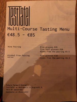 The evening's menu/explanation at TestTafel in Amsterdam
