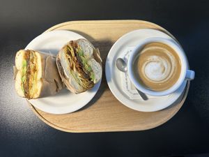 Mushroom avocado bagel and a cafe latte with oat milkk  at Pureun Deli - 푸른델리 in Seoul