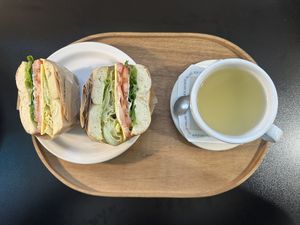 Tomato vegan cheddar cheese bagel with plum tea (매실차)  at Pureun Deli - 푸른델리 in Seoul