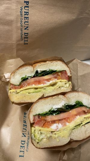 Tomato cheese bagel with mustard mayo  at Pureun Deli - 푸른델리 in Seoul