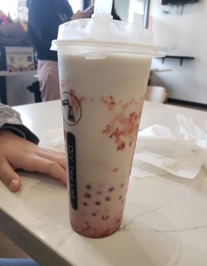 Dairy free fresh milk strawberry drink with popping boba. at DIY Tea Lab in Newcastle