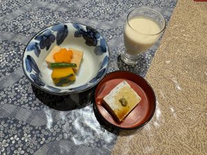 Starters with delicious Japanese soy milk   at Sabo Mameya - 薬師豆富茶房まめ家 in Nagano