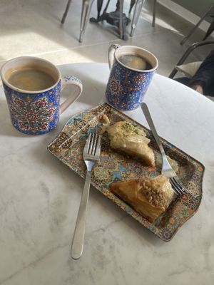 Turkish coffee and 2 types of vegan baklava: pistachio and walnutt  at Kismet Cafe in Lafayette
