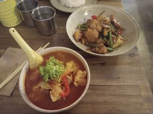 vegan tom kha soup and tofu stir fry at Me Thai in Auckland