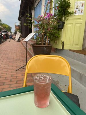 Peach kombucha, sitting out in front of the restaurant at Le Petit Prince Cafe in Luang Prabang