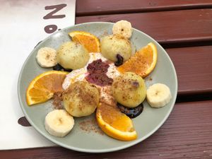 Vegan blueberry knedliki  at Laibon in Cesky Krumlov