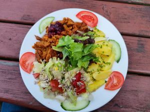 Soya meat with cranberries and potatoes at Laibon in Cesky Krumlov