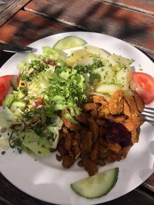 Soy chunks with potatoes and salad   at Laibon in Cesky Krumlov
