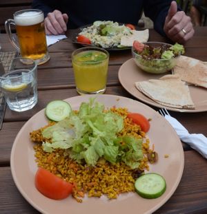 Laibur meal, Guacamole, Beer, Lemonade & (non-vegan) pasta dish. at Laibon in Cesky Krumlov