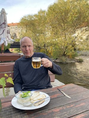 Hummus, beer  at Laibon in Cesky Krumlov
