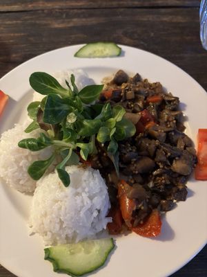 Champions with sauce and Jazmine rice  at Laibon in Cesky Krumlov