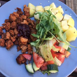 Soy steak w cranberries and potatoes w salad  at Laibon in Cesky Krumlov