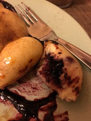 Vegan blueberry dumplings at Laibon in Cesky Krumlov