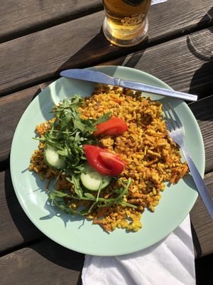 Laibur...bulgur with sauté carrots oyster mushrooms, walnuts  & smoked tofu at Laibon in Cesky Krumlov