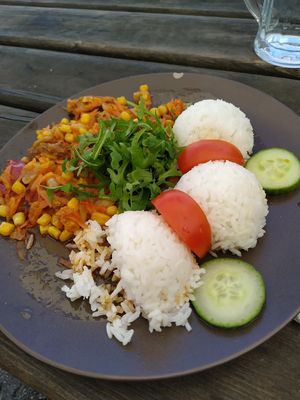 Vegan vegetables with peanuts & rice at Laibon in Cesky Krumlov