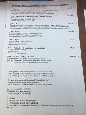 Symbols V= vegan, V plus = vegan option, G = gluten-free , O = onion free, garlic free at Laibon in Cesky Krumlov