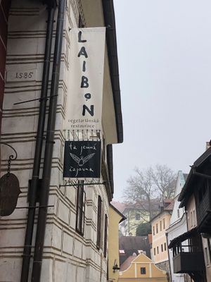 Signage for restaurant  at Laibon in Cesky Krumlov