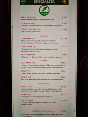 Pagina del menù vegano at Joy's in Bari