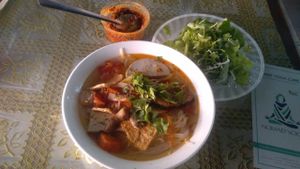 Bun (rice noodles in tomato broth with lots of mock meat) at Tam Quang Minh in Hoi An