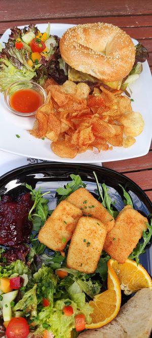 Veganer Bagelburger und gebackener Tofu mit Preiselbeeren at Grossstadt in Lindau