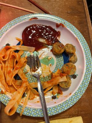 Kids plate: pasta with tomato sauce+ vegan sausage+ ketchup and bread.   at Grossstadt in Lindau