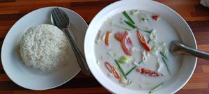 Tom Kha coconut soup with rice at Rabieng Na in Trang
