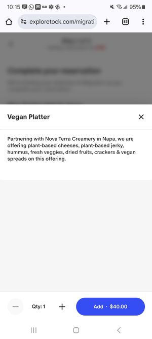 Screenshot of the vegan platter menu add on at Migration Winery in Napa