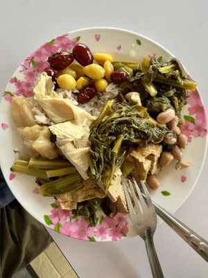 A rice plate with my selection of veggies (you get to choose). Note: the ginkgo beans and jujubes at the top are sweet.   at Vegetarian Food in Phetchaburi