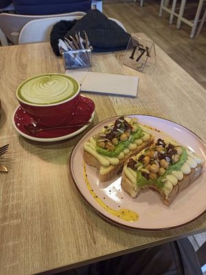 Matcha latte and veggie toast. at Pepe y Lepu in Barcelona
