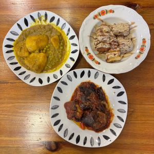 Potato curry, eggplant in tomato sauce and cauliflower in tahini sauce (can be made vegan on request) at Ashur Banipal in Sofia