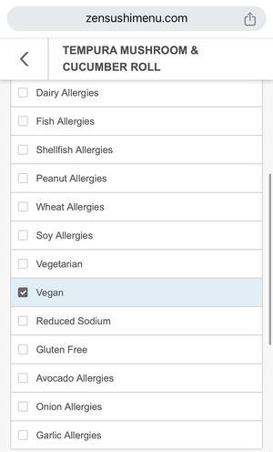 Vegan checkmark option when ordering online (helpful for veganising vegetarian rolls) at Zen Sushi in Asheville