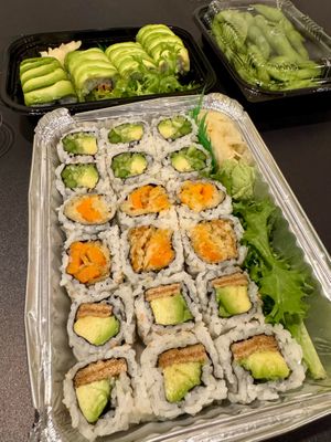 Three rolls: 1. Avocado, cucumber, asparagus. 2. Tempura sweet potato. 3. Inari tofu and avocado. Tempeh roll and edamame in the background! at Zen Sushi in Asheville